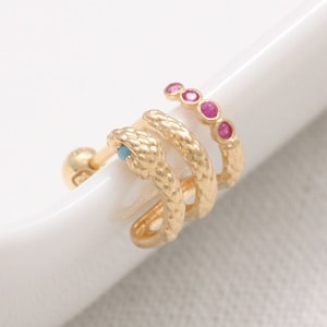 14K 18K Solid Gold Ruby CZ or Genuine Ruby & Turquoise CZ Snake Ear Hoop Stud Cartilage Tragus Helix Conch Lobe Piercing Earring 16G, 18G