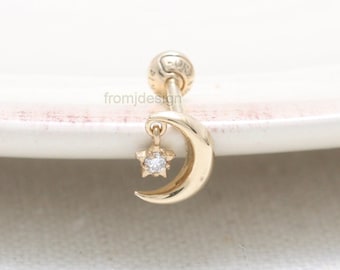 14K 18K Solid Gold Crescent & CZ, Moissanite, Lab oder echter Diamant Akzent baumeln Stern Bolzen Knorpel Helix Conch Lobe Piercing Ohrring
