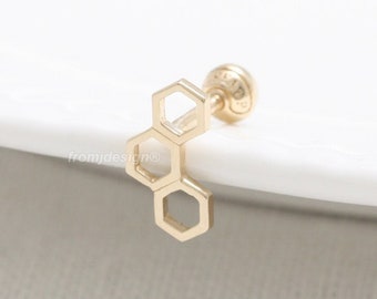 14K 18K Solid Gold Waben Ohrstecker, Tragus, Helix, Muschel, Lobe, Knorpel, Piercing Ohrring-16G, 18G / 1qty