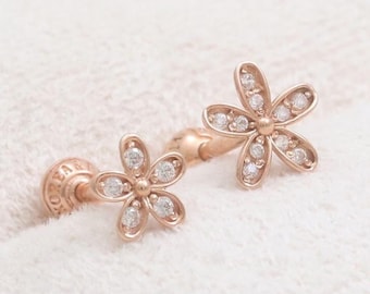14K 18K Solid Gold CZ, Moissanite, Lab, Genuine Diamond Tiny or Small Daisy Flower Ear Stud Cartilage Helix Conch Lobe Piercing Earring 1qty