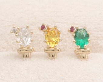 14K Solid Gold All Clear CZ, Moissanite, Yellow or Green CZ Cactus Pot Ear Stud Cartilage Tragus Helix Internally Threaded Labret Piercing
