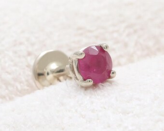 14K 18K Solid Gold 2.5mm, 3mm or 4mm Genuine Ruby 4 Prongs Setting Stud Cartilage Tragus Helix Conch Externally Labret Ear Piercing 18g 16g
