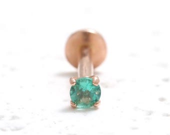 14K Solid Gold Various Carats Genuine Emerald 6 Prongs Setting Ear Stud Cartilage Tragus Helix Conch Internally Threaded Labret Piercing