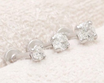 14K Solid Gold Various Carats CZ, Moissanite, Lab or Genuine Diamond 4 Prongs Ear Stud Cartilage Tragus Helix Conch Threaded Labret Piercing
