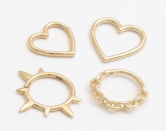 14K 18K Solid Gold Heart, Spike or Cuban Link Ear Clicker Helix Snug Cartilage Rook Daith Septum Ring Hinged Segment Hoop Earring 18G- 1qty