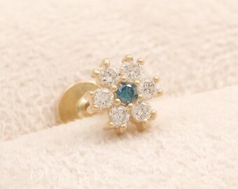 14K Gold CZ, Moissanite, Lab, Genuine Diamond & Blue Diamond Accent Flower Stud Cartilage Tragus Helix Conch Internally Labret Ear Piercing