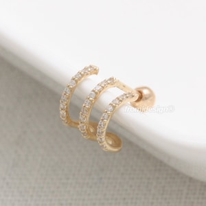 14K 18K Solid Gold CZ Pave Triple Wire Ear Hoop Stud, Cartilage, Tragus, Helix, Conch, Lobe, Piercing Earring-16G, 18G/ 1qty