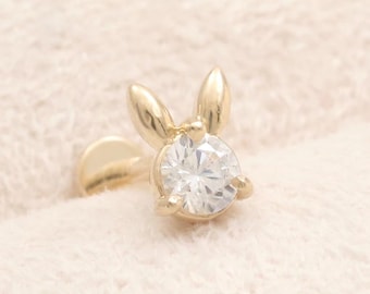 14K Solid Gold 0.1ct CZ, Moissanite, Lab or Genuine Diamond Bunny Rabbit Ear Cartilage Tragus Helix Conch Internally Labret Piercing 18g 16g