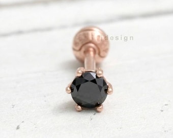 14K 18K Solid Gold  2mm, 3mm, 3.5mm or 4mm Black Diamond 6 Prongs Setting Stud Cartilage Tragus Helix Conch Lobe Piercing Earring 18g 16g