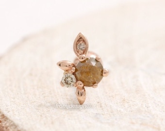 14K 18K Solid Gold Genuine Brown Diamond & Cognac Diamonds Elf Leaf Stud, Cartilage, Tragus, Helix, Conch, Lobe, Piercing Earring-16G, 18G