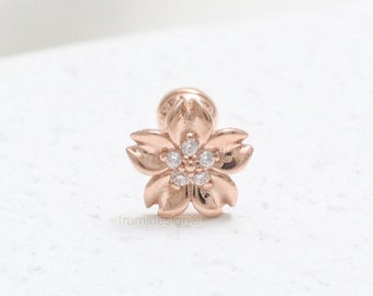 14K 18K Solid Gold CZ, Moissanite, Lab or Genuine Diamond Cherry Blossom Flower Ear Stud Cartilage Tragus Helix Conch Lobe Piercing Earring