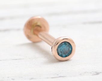 14K Solid Gold Various Carats Blue Diamond Round Bezel Setting Ear Stud Lobe Cartilage Tragus Conch Internally Threaded Labret Piercing 18g