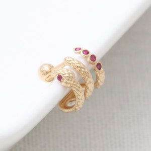 14K 18K Solid Gold Ruby Color CZ or Genuine Ruby Snake Triple Wire Ear Hoop Stud Cartilage Tragus Helix, Conch Lobe Piercing Earring 1qty
