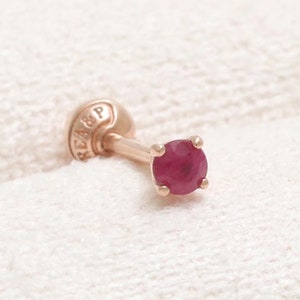 14K 18K Solid Gold 0.03ct, 0.07ct, 0.1ct, 0.25ct Genuine Ruby 4 Prongs Ear Stud Cartilage Tragus Helix Conch Lobe Piercing Earring 18G, 16G