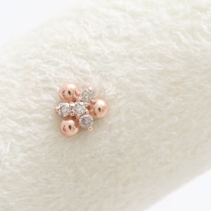 14K Solid Gold Light Brown Diamonds Triple Ball Ear Stud, Cartilage, Tragus, Helix, Conch, Labret or Ball Back Piercing Earring 18g 16g 1qty