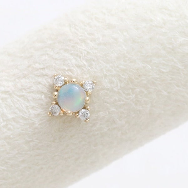 14K 18K Solid Gold 0.1ct Genuine Opal & Tiny Diamond Accent Stud, Cartilage, Tragus, Helix, Conch, Lobe, Piercing Earring-16G, 18G/ 1qty