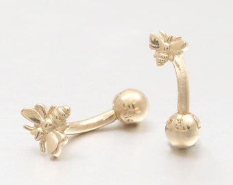 14K 18K Solid Gold Tiny or Small Honey Bee & Ball Curved Barbell Ear Helix Conch Cartilage Snug Rook Daith Eyebrow Piercing 18g, 16g / 1qty
