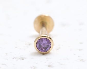 14K Solid Gold Various Carats Purple CZ or Genuine Amethyst Round Bezel Setting Stud Cartilage Tragus Helix Conch Internally Labret Piercing