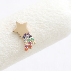 14K 18K Solid Gold Rainbow Colors CZ Shooting Star Stud, Tragus, Helix, Conch, Lobe, Cartilage, Piercing Earring-16G, 18G/ 1qty