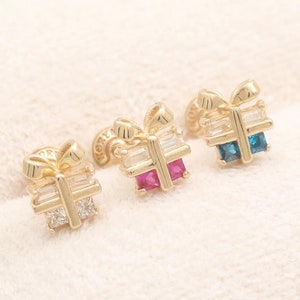 14K 18K Solid Gold Square CZ Small Gift Box Inspired Present Stud Tragus, Helix, Conch, Lobe, Cartilage, Ball Back Piercing Earring 16G, 18G