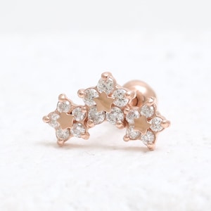 14K 18K Solid Gold CZ, Moissanite, Lab or Genuine Diamond Triple Flower Ear Stud Tragus Helix Conch Lobe Cartilage Piercing Earring 16G, 18G
