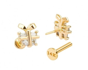 14K Solid Gold Square CZ Small Gift Box Inspired Present Ear Stud Cartilage Tragus Helix Conch Lobe Internally Threaded Labret Piercing 18g