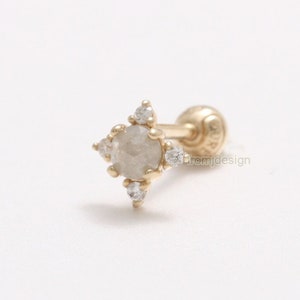 14K 18K Solid Gold Genuine Rose Cut Diamond & Tiny Diamonds Accent Edgy Ear Stud Cartilage Tragus Helix Conch Lobe Piercing Earring 16G, 18G