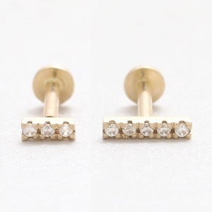 14K Solid Gold CZ, Moissanite, Lab or Genuine Diamond Slim Stick Stud Cartilage Tragus Helix Conch Internally Threaded Labret Ear Piercing