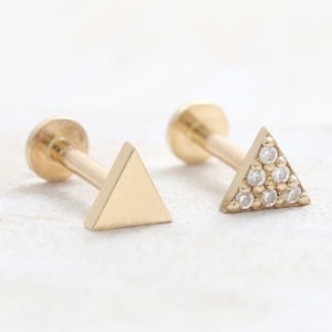 14K Gold CZ, Moissanite, Lab, Genuine Diamond or Polished Tiny Triengle Ear Stud Cartilage Tragus Helix Internally Labret Piercing 18g 16g