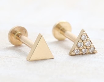 14K Gold CZ, Moissanite, Lab, Genuine Diamond or Polished Tiny Triengle Ear Stud Cartilage Tragus Helix Internally Labret Piercing 18g 16g