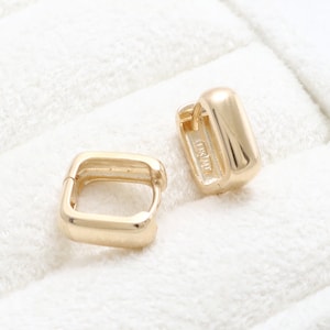 14K 18K Solid Gold Shiny Polished Minimalist Geometric 8mm Internal Diameter Round Square Shaped Huggie Hoop Earrings Single or  Pair