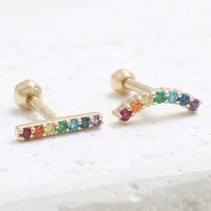 14K 18K Solid Gold Wielokolorowy Tęczowy Cyrkonia Prosty lub zakrzywiony kolczyk do ucha, płaski, do helisy, muszli, płatka ucha, chrząstki, kolczyk do piercingu 16G, 18G