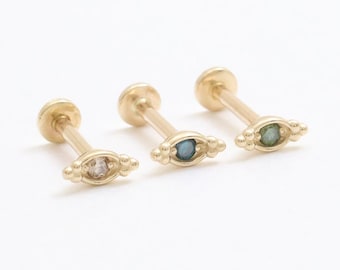 14K Solid Gold Ultra Tiny Colored Diamond Ball with Boat Ear Stud, Cartilage, Tragus, Helix, Conch, Internally Threaded Labret Piercing 1qty