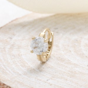 14K 18K Solid Gold 4mm CZ, Moissanite, White Sapphire, Lab Grown Diamond 4 Prongs Setting Small Huggie Hoop Cartilage Outer Conch Earring
