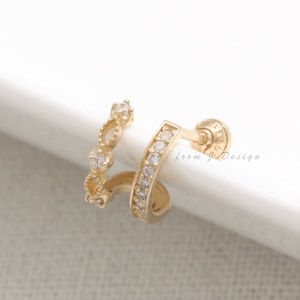 14K 18K Solid Gold CZ, Moissanite, Lab or Genuine Diamond Pave & Milgrain Lace Double Line Ear Hoop Stud Cartilage Helix Conch Lobe Piercing