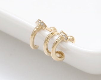 14K 18K Solid Gold CZ, Moissanite, Lab, Genuine Diamond Nail Single or Double Wire Ear Hoop Stud Cartilage Helix Conch Lobe Piercing Earring