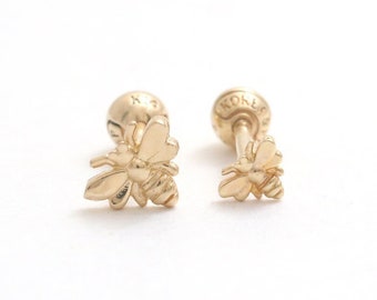 14K 18K Solid Gold Small or Tiny Honey Bee Ear Stud, Tragus, Helix, Outer Conch, Lobe, Cartilage, Piercing Ball Back Earring 16G, 18G/ 1qty