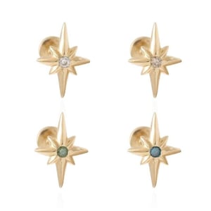 14 kt goud CZ, moissaniet, lab of echt helder, verschillende kleuren diamant Starburst-oorstekker kraakbeen tragus helix intern labret piercing