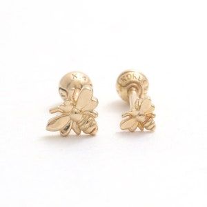14K 18K Solid Gold Small or Tiny Honey Bee Ear Stud, Tragus, Helix, Outer Conch, Lobe, Cartilage, Piercing Ball Back Earring 16G, 18G/ 1qty