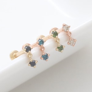 14K Solid Gold Ultra Tiny Dual Black, Blue, Green or Cognac Genuine Diamond Dangling Cartilage Tragus Helix Conch Internally Labret Piercing