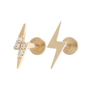 14K Solid Gold CZ, Moissanite, Lab, Genuine Diamond, Polished Tiny Thunderbolt Stud Cartilage Tragus Helix Conch Internally Labret Piercing