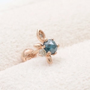 14K 18K Solid Gold Genuine Blue Diamond & Cognac Diamonds Elf Leaf Ear Stud Cartilage, Tragus, Helix, Conch, Lobe, Piercing Earring 16G, 18G