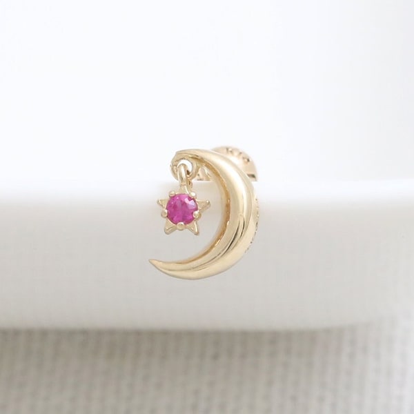 14K 18K Solid Gold Crescent & Genuine Ruby Accent Dangle Tiny Star Stud, Cartilage, Tragus, Helix, Conch, Lobe, Piercing Earring-16G, 18G