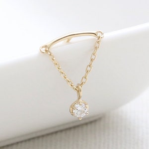 14K 18K Solid Gold CZ, Moissanite, Lab or Genuine Diamond Chain Dangling Hidden Helix Stud Cartilage Conch Lobe Piercing Earring- 16G, 18G