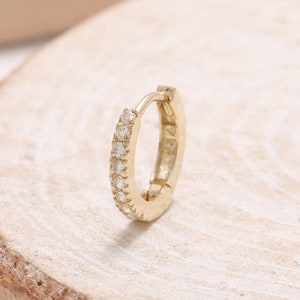 14K 18K Solid Gold CZ, Moissanite, Lab Grown or Genuine Diamond Half Eternity Pave Small Huggie Hoop, Cartilage Outer Conch Earring- single