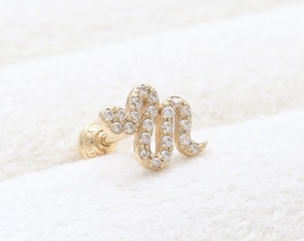 14K 18K Solid Gold CZ, Moissanite, Lab or Genuine Diamond Micro Pave Snake Ear Stud Cartilage Tragus Helix Conch Lobe Piercing Earring 1qty