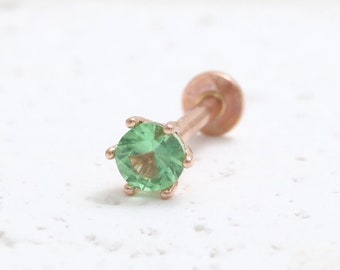 14K Solid Gold Various Carats Green Garnet Tsavorite 6 Prongs Setting Stud Cartilage Tragus Helix Conch Internally Threaded Labret 18g 16g