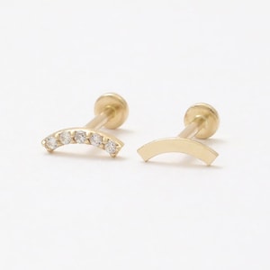 14K Gold CZ, Moissanite, Lab, Genuine Diamond or Polished Tiny Curved Stick Stud Cartilage Tragus Helix Internally Labret Piercing 18g 16g