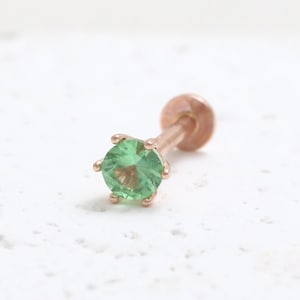 14K Solid Gold Various Carats Green Garnet Tsavorite 6 Prongs Setting Stud Cartilage Tragus Helix Conch Internally Threaded Labret 18g 16g