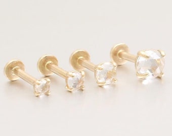 14Kソリッドゴールド 2mm、2.5mm、3mm、4mm ローズカット CZ 4プロングセッティング イヤースタッド 軟骨 トラガス ヘリックス コンク 内ネジ ラブレットピアス
